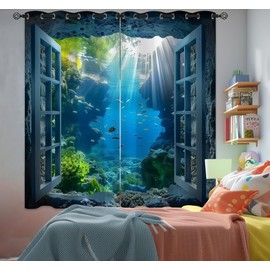Naiice Ocean Fishs Blackout Curtains for Girls Boys Home Decor, Underwater Tropical Fish Undersea Coral Grommet Thermal Insulated Drapes Darkening Window Curtain for Bedroom Living Room, 42 x 45 Inch