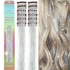 MISSUHUI 12Pcs Hair Tinsel Clip in 23.6Inch Clip in Hair Tinsel Silver Glitter Tinsel Hair Extensions Heat Resistant Tinsel Hair Clip in Sparkling Fairy Hair Accessories for Girls Women Kids (Silver)
