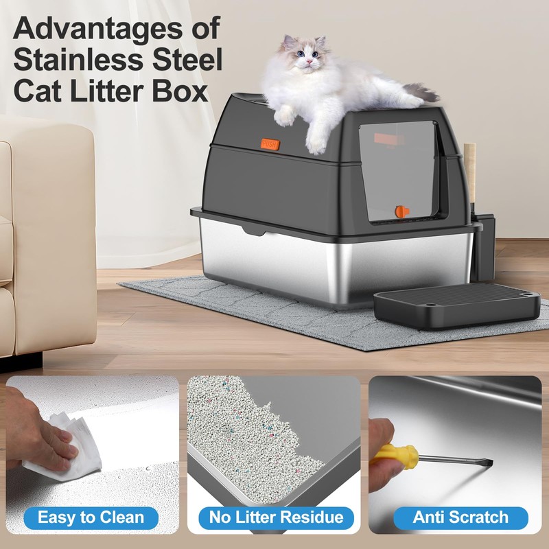 Stainless Steel Litter Box with Lid,Front Entry Top Exit Kitty