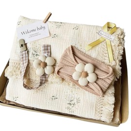 enicy Baby Shower Gift, Botanical Pattern Swaddle, Flower Motif Hair Band, Multi Holder, Baby Gift, 3-Piece Set