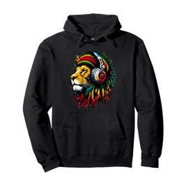 Rastafarian Reggae Rasta Lion of Judah Wearing Headphone Pullover Hoodie