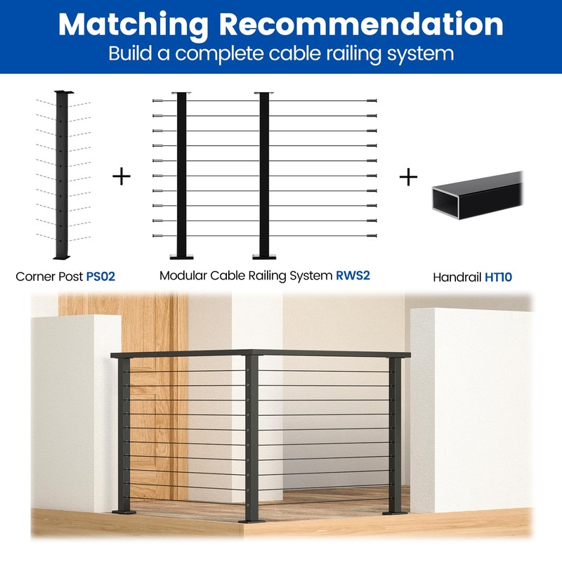 Muzata Black Corner Cable Railing Post 36 Inch 36"x2"x2" T-drilled