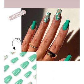 24 PCS Cute Flowers Press On False Nails Short Medium Length Full Cover Acrylic Ballerina Fake Nails Almond Shaped Nails Summer Fashion Nail Salons and Home DIY Nail Art (JP2018 Square, Green)