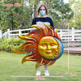 BVLFOOK Large Flame Sun Wall Art Decor, 42 inch Metal Wall Decor, Retro Hanging with Glass, Flame Sun Outdoor Indoor Wall Decorations for Patio Yard Garden Fence Living Room Bedroom