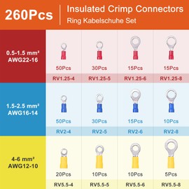 Kisvic Ring Cable Lugs, 260 Pieces Ring Eyelets Cable Lugs Set, 0.5-6 mm² Diameter M4/M5/M6/M8 Cable Connectors Made of Copper Tin-Plated Crimp Connector Assortment