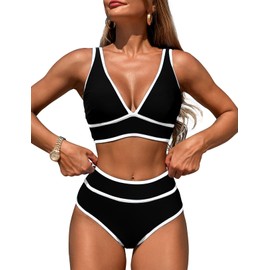 YACUN Womens High Waisted Bikini Sets Two Piece Color Block Bathing Suits Deep V Neck Swimsuits Black S