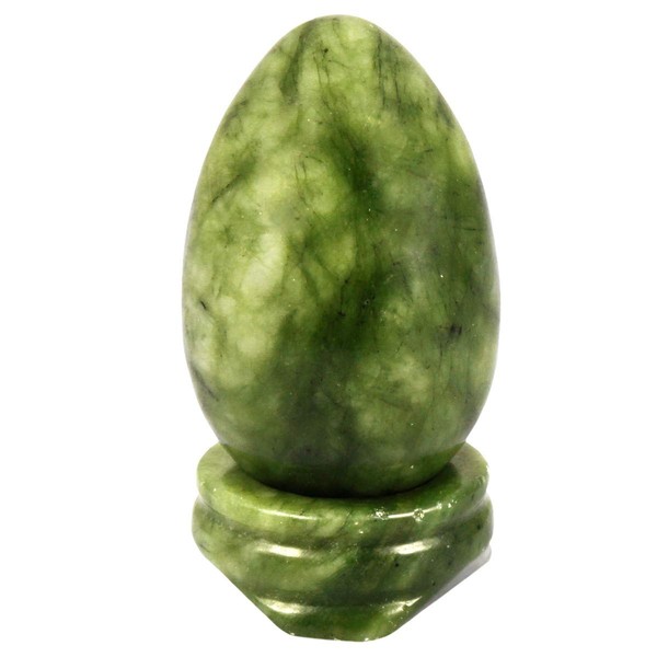 SUNYIK Green Jade Gemstone Egg Sphere Sculpture Healing Figurine with Stone Stand Easter Day's Gift(1"x1.6")