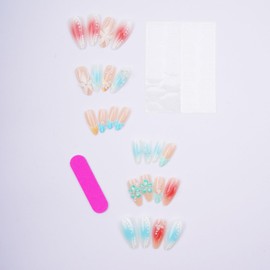 24pcs Handemade Almond Press on Nails with 3D Flower Pearl Designs French False Nails Glossy Full Cover Wearable Stick-on Nail Fake Nails Spring Summer Press on Nail for Women Medium Daily Wear