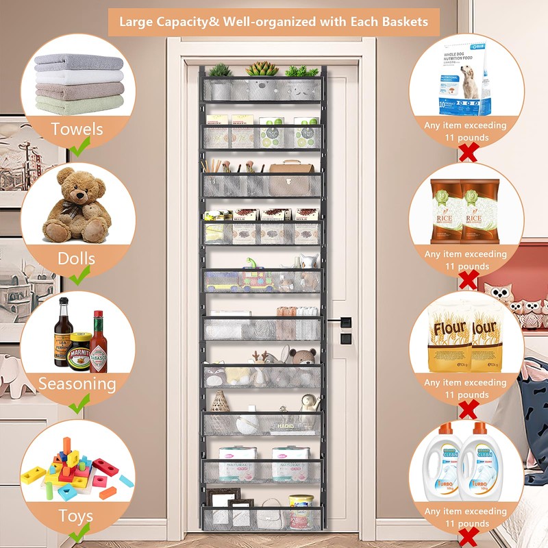 DAOTENGQL 10-tier Over The Door Pantry Organizer with Mesh Baskets,