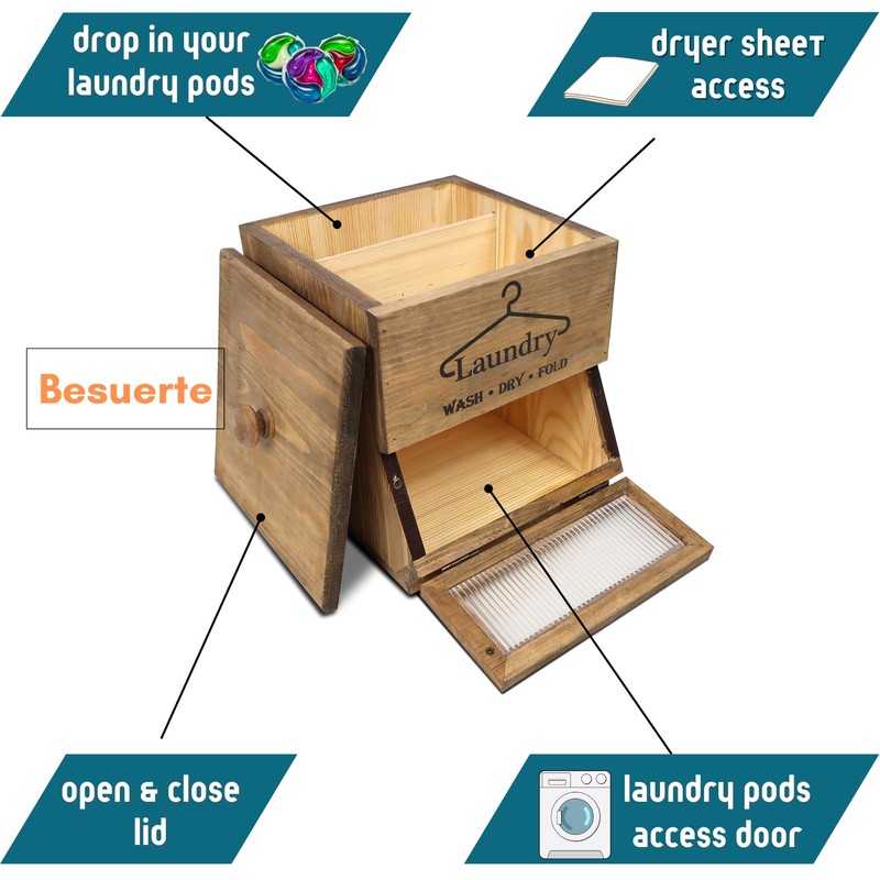 Besuerte Laundry Pod Holder - 2 Tiered Rustic Wooden Dispenser,