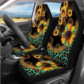 WUYOJUXA Sunflower Car Accessories Full Set Leopard Print Auto Seat Covers Set 14 Pcs Hippie Steering Wheel Cover Armrest Pad Seat Belt Cover Handbrake Gear Cover Keychain Coasters Set for Truck SUV
