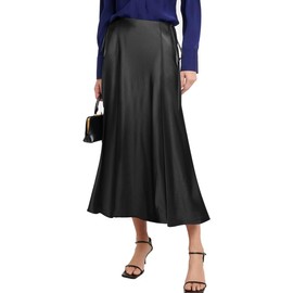 WISFRUIT Women's Satin Midi Skirts Silk A Line Flowy Ruffle Zipper Elegant Flared Cocktail Party Maxi Long Skirt Black Medium