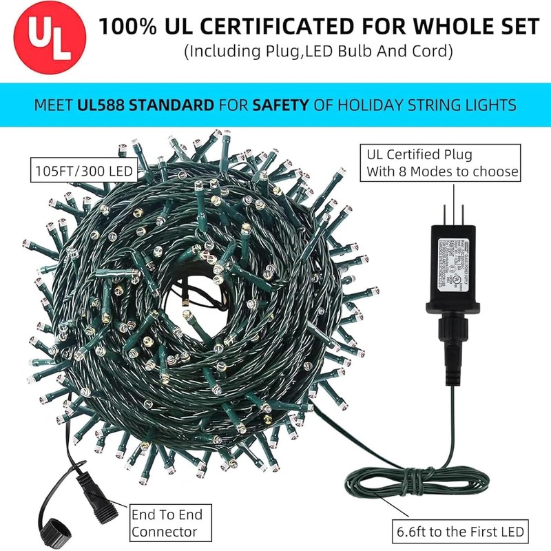MZD8391 105FT 300 LEDs Blue White Christmas Lights Outdoor Indoor,