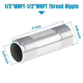 Quickun 304 Stainless Steel Nipple Pipe Fitting, 1/2" NPT x 1/2" NPT Male Malleable Nipple Cast Pipe 2" Length