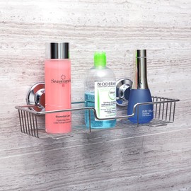 SANNO Shower Caddy Rustproof Bath Accessories with Vacuum Suction Cups,Strong Wall Holder Basket Storage Shampoo Conditioner, Soap - Stainless Steel