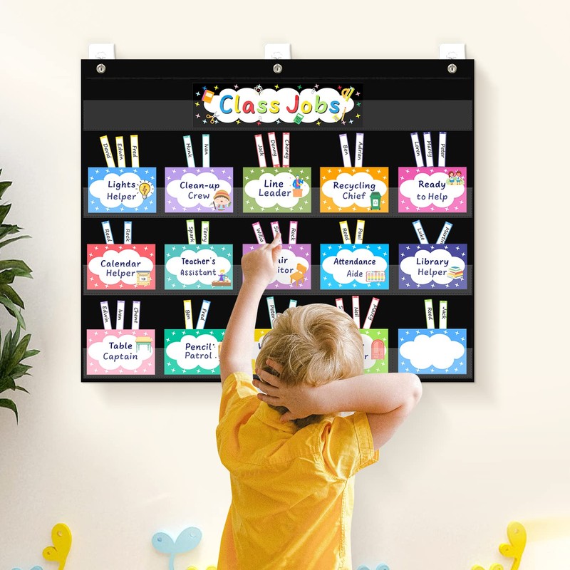 REGELETO Class Jobs Pocket Chart with 70 Colorful Dry Erase