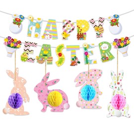 19 Pcs Easter Banner Decorations, Easter Bunting Decorations, 3D Honeycomb Bunny Decoration for Party Home Parties, Bunting for Home Hanging Decoration for Garden, School, Wall, Window