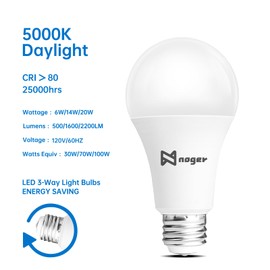 Noger 3-Way Led Light Bulbs A21 4 Pack, 50 100 150W Equivalent, 5000K Daylight, 3 Way E 2 6 Light Bulbs for Reading, 500-1600-2200LM