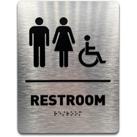 GDS Bathroom Sign Bundle – ADA Compliant Unisex Restroom Sign (6”x8”) and Employees Must Wash Hands (7”x3”) – Raised Icons, Braille, & Easy Install – Brushed Aluminum – Made in USA
