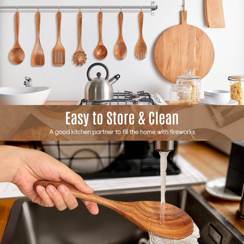 MULBOM 7 PCS Wooden Spoons for Cooking Natural Teak Kitchen