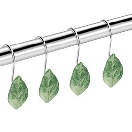 12 PCS Decorative Shower Curtain Hooks, Anti-Rust Stainless Steel Shower Hooks for Shower Curtain and Liner, Cute Bathroom Decor (Green Leaf)