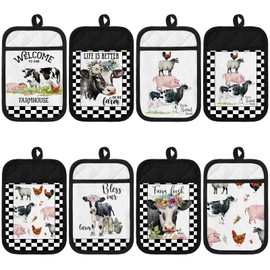 Bencailor 8 Pcs Pot Holders with Pocket Sunflower Kitchen Potholder Funny Buffalo Plaid Hot Pad Oven Mitts Cute Cookie Bag Farmhouse Oven Gloves for Christmas Kitchen Gift Baking Cooking (Animal)
