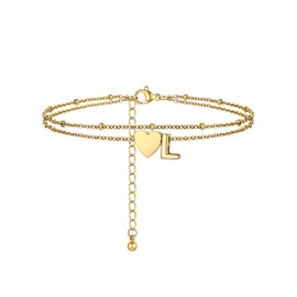 PROSTEEL Women Heart Anklet, L Letter Initial Ankle Bracelet, Adjustable Double-Layer Foot Chain for Beach Summer, Gold Plated 316L Stainless Steel (with Gift Box)