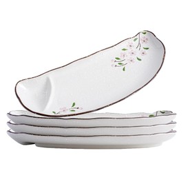 DealbyBox 10.8" Half-round Ceramic Japanese Sushi Platter Dumpling Plate with Dipping Saucer for Snack Dessert Salad Fries Gyoza (4Pack, Pink Sakura)