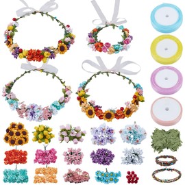INFUNLY 20 Set DIY Artificial Flower Wreath Paper Roses Blue Pink Wedding Crowns Making Kit Colorful Hanging Floral Wreath for Front Door Make Your Own Flower Headbands Bracelets Kit for Women Girl