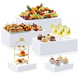 Leinuosen 5 Pcs Large Buffet Risers Set Rectangle Acrylic Display Box Catering Dessert Table Riser Food Display Decorative Stand with Hollow Bottom for Catering(White)