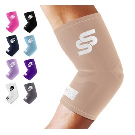 Manga de compresión para codo de estrellas para mujeres y hombres, codo para dolor y artritis, codo de tenista, tendinitis y brazo de tenista, protector de codo para golf y otros deportes (S-XXL) (M: 8.5-10 pulgadas, beige)