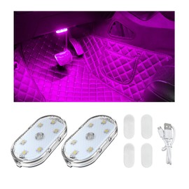 Wevdn 2 PCS Car LED Lights Interior Wireless, Sticky Car Ambient Lighting with 6 Bright LED Lamp Beads, Portable USB Rechargeable Vehicle Interior Led Night Light for Car (Pink)
