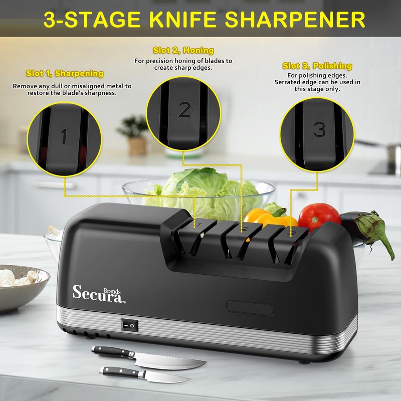 Secura 3-Stage Electric Knife Sharpener with 100% Diamond Abrasives and
