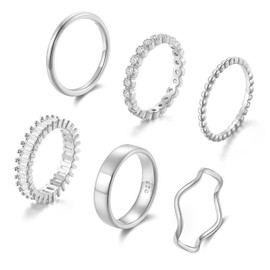 OPFIV 6Pcs 14K Gold Plated Stacking Rings for Women Cubic Zirconia Wave Stackable Thin Gold Ring Plain Statement Band Promise Eternity Bands Ring Comfort Fit Size 6-9 (Silver, 7)