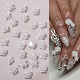 ITPOYOL 100 PCS Flower Nail Art Charms 3D Flower Nail Charms and Gems Pearl White Camellia Spring Summer Floral Charm Rhinestones Jewelry Accessories for Women DIY Manicure Decorations Supplies