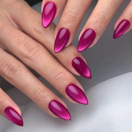 Berry Purple Cat Eye Press on Nails Almond Shaped SXVME Glitter Glue on Nails Short Acrylic Fake Nails, Handmade Sparkling Purple Medium Almond Nails Press ons, Bling Shiny False Nails for Women 30Pcs