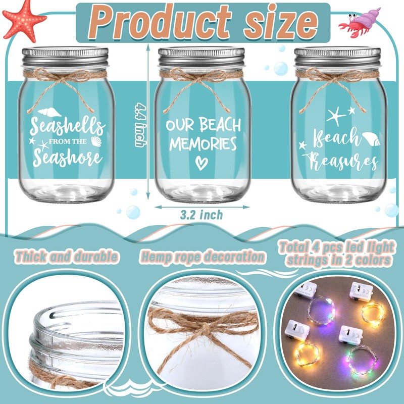 3 Pcs Beach Sand Jar Mason Seashell Jars 380 ml