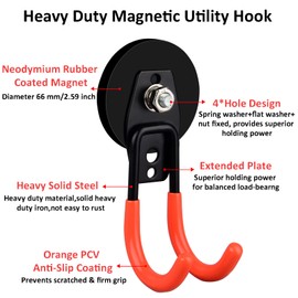 ULIBERMAGNET Garage Strong Magnetic Hooks, 2 Pack Heavy Duty Large J Hooks with Magnet, Anti-Slip Coating Magnet Hooks for Garden Tools, Ropes,Drill