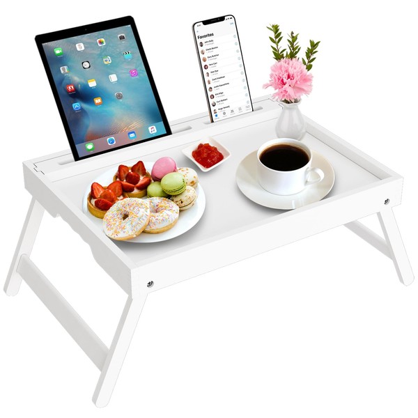 Artmeer Bed Tray Table with Folding Legs, Bamboo Breakfast Food