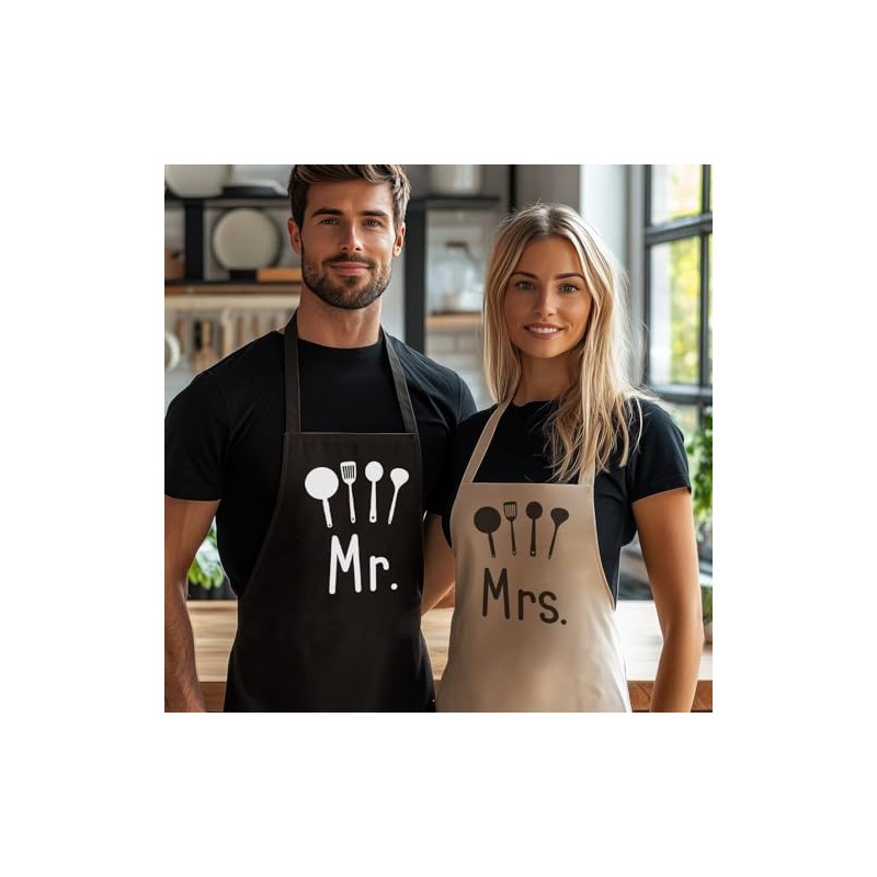 Mr & Mrs Kitchen Chefs - Matching Printed Aprons Couples