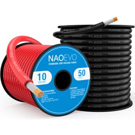 NAOEVO 10 Gauge Marine Wire, 10 AWG Tinned Copper PVC Marine Grade Wire, IP68 Waterproof/Corrosion-Resistant Electrical Cable for Boat, RV, Automotive, Solar, Trolling Motor (50 ft Black + 50 ft Red)
