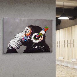 Banksy DJ Monkey Gorilla Chimp - Canvas Wall Art Home Decor (45in x 30in Gallery Wrapped)