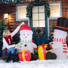 COSTWAY 5FT Christmas Inflatable Snowman, Two Lighted Snowmen with Gift Boxes, Premium Polyester Fabric, Outdoor Blow Up Christmas Decoration for Home Party Yard Lawn Garden
