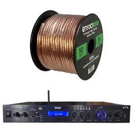 EnrockAudioBundle Pyle Home Amplified Bluetooth MP3 USB AUX FM Black Receiver, w/ 16-G 50 Ft Wire