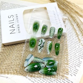 LWTZLW 3D Green Press on Nails Short Almond False Nails with Swirl Star Design Full Cover Glue on Nail Reusable Acrylic Fake Nails Glossy Artificial Stick on Nail for Women