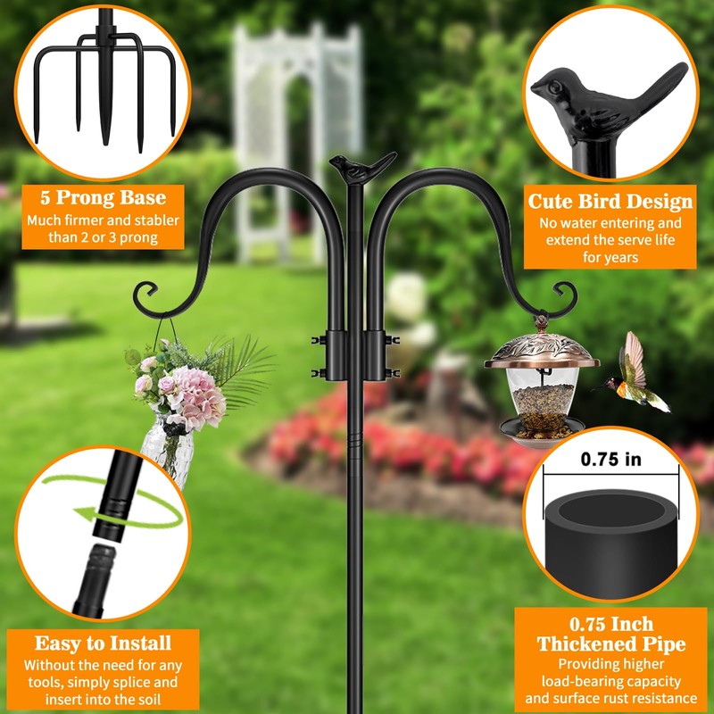 OZMI Double Shepherds Hook for Outdoor, 94 Inch Adjustable Heavy