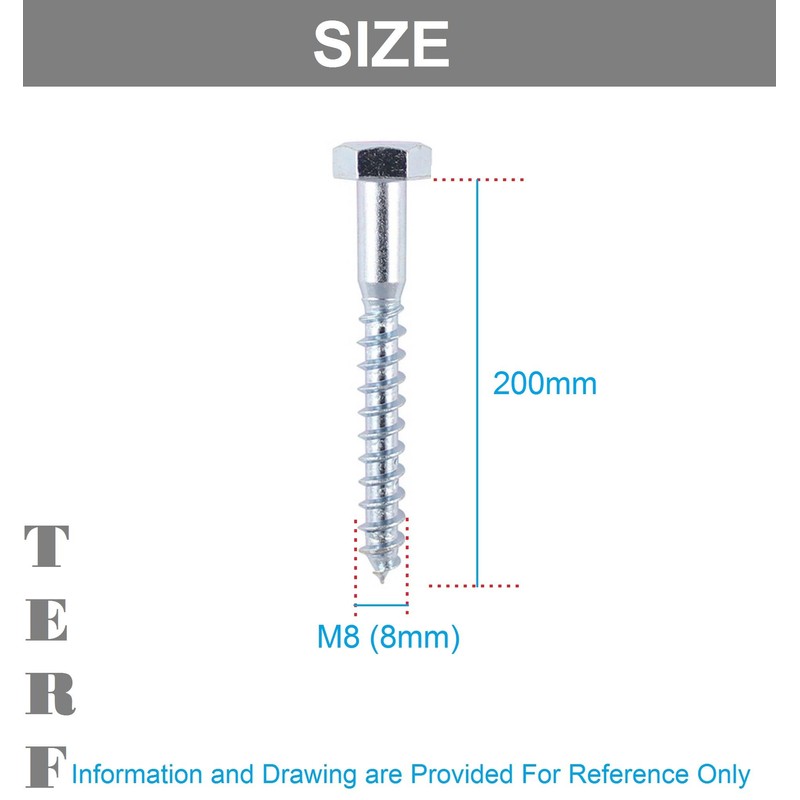 TERF® M8 X 200mm Coach Screws Hex Head Stainless Steel