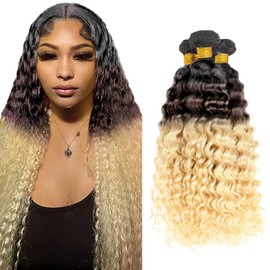28 Inch T1B/4/613 Human Hair Bundles - Blonde Kinky Curly Wave - Three Tone #4 and 613 Blonde - Brown Black Weave