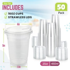 FROZIP 50 Pack 16oz Plastic Coffee Cups with Sip Lids - Clear Plastic Cups with Lids for Smoothies, Iced Coffee & Restaurant Supplies