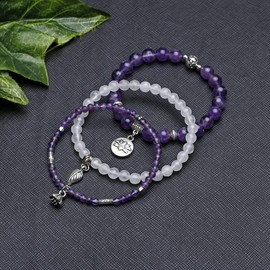 JSDDE Jewellery Wrap Bracelet Multilayer Bracelets Set Friendship Bracelet Partner Bracelets Made of Gemstones Healing Stones with Lotus Leaves Pendant for Women, Base Metal, amethyst